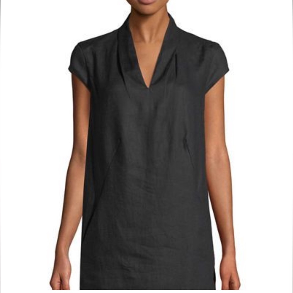 Neimen Marcus Black Linen V-Neck Cap Sleeve Sheath Dress Size Small